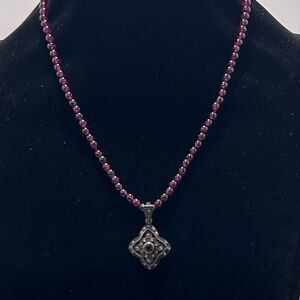 Vtg Thailand 925 Sterling Silver Beaded Pendant Necklace 18" Silver Red Garnet